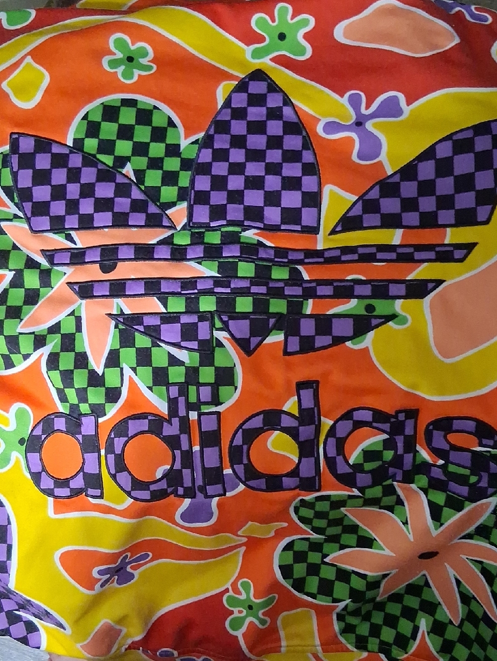 adidas Jeremy Scott Jacket Graphic Trefoil Tee — Orange, Purple & Green